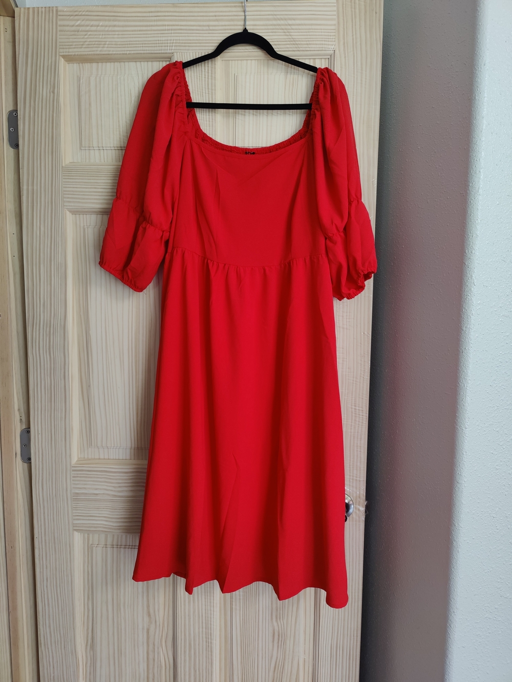 Square Neck Red Midi Dress with Puff Sleeves
